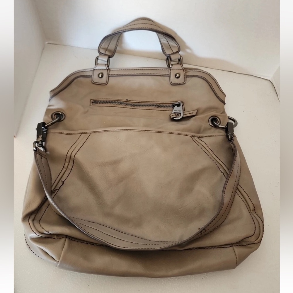 Vintage Nine West Taupe Fold Over Convertible Leather Tote Satchel - Picture 10 of 13